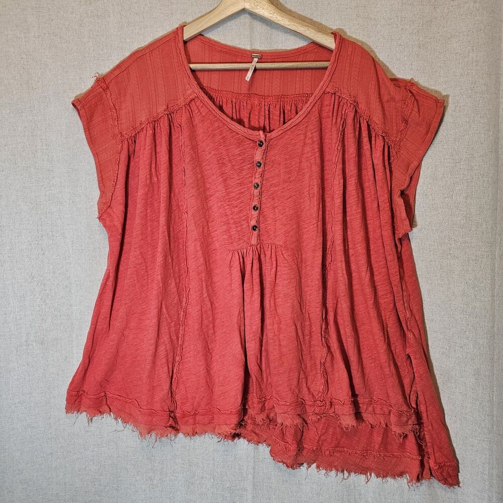 Free People Coral Short Sleeve Button Front Peasant Top